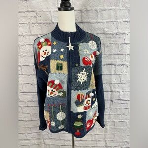 Heritage Collection Women's Zip Sweater Snowflakes Snowman Size XL Blue Cardigan